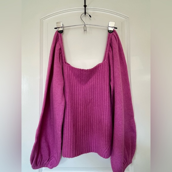 Halogen Puff Sleeve Ribbed Sweater Wool Blend square neck pink Sz: L NWT - Picture 3 of 11